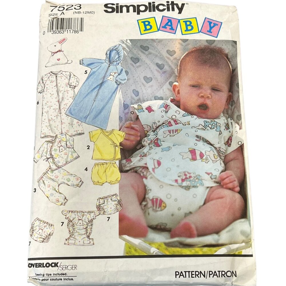 Simplicity 7523 Baby Sewing Pattern Size A NB-12M Gown Dress Romper Overlock Ser